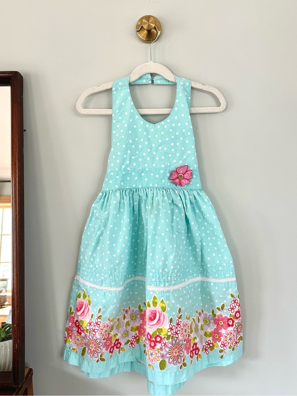 Vintage Blueberi Boulevard Girls Dress Aqua Polka Dot Floral Tie Back Size 6x